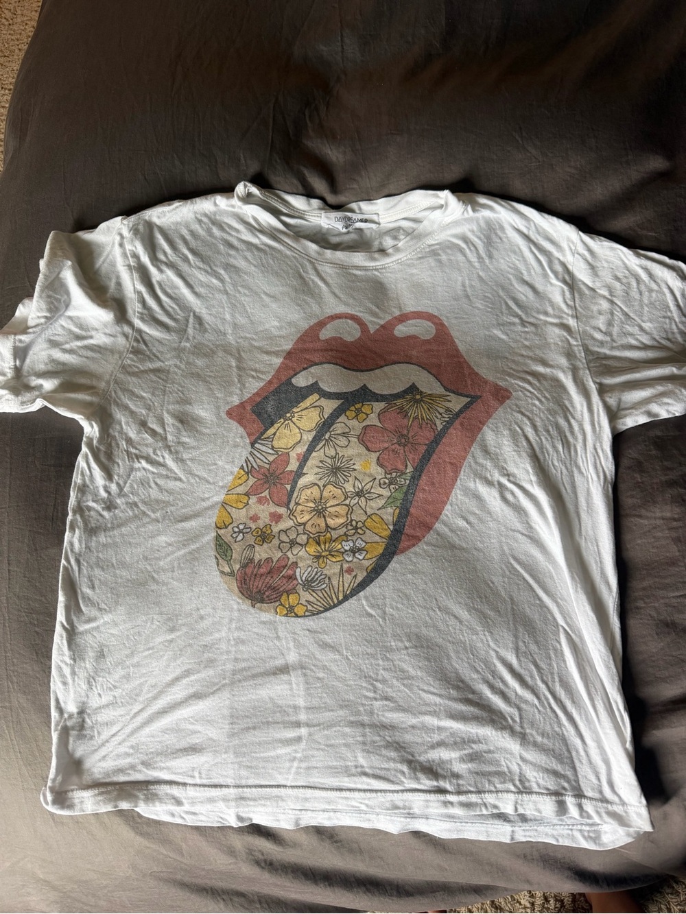 Free People  Rolling Stones White Tee with Floral Tongue Graphic